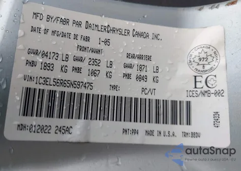 2005 Chrysler Sebring Touring из США, поврежденный, VIN 1C3EL56R65N597475